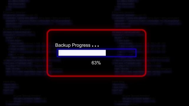 cyan glowing progress bar shows 100% percent of backup progress on a background of computer code programming.4K Data Transfer and Secure Cloud Server Storage Technology Animation