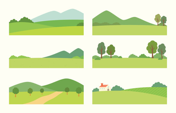 A wide, expansive green outdoor landscape background. A simple illustration in a flat design style.