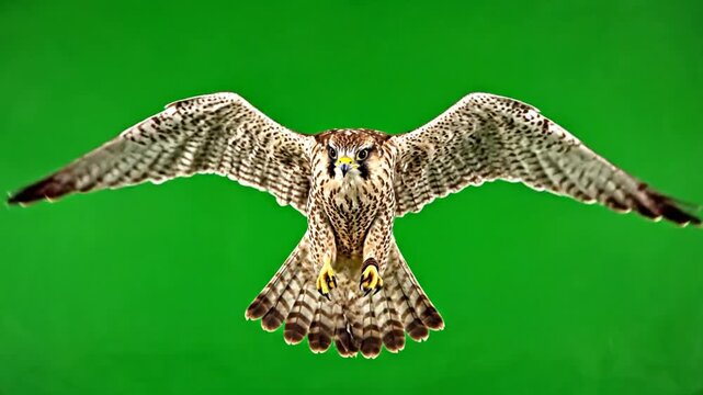 A majestic falcon with outstretched wings soaring against a vibrant green background, captured in mid-flight.