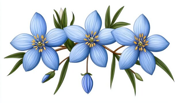 Three Light Blue Flowers with Golden Stamens and Green Leaves on White Background