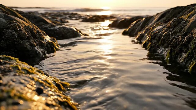 Golden sunlight reflects on water flowing between coastal rocks at sunset