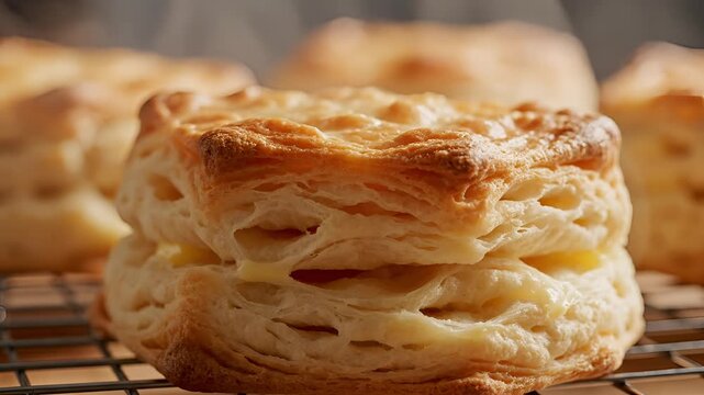 Close up of freshly baked flaky biscuits on a cooling rack.