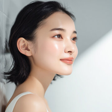 ツヤとうるおいのある肌の女性の美容ポートレート　透明感のある背景