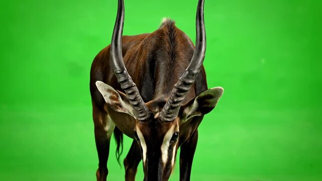 A sable antelope with long, curved horns and dark fur stands against a vibrant green background, looking down.