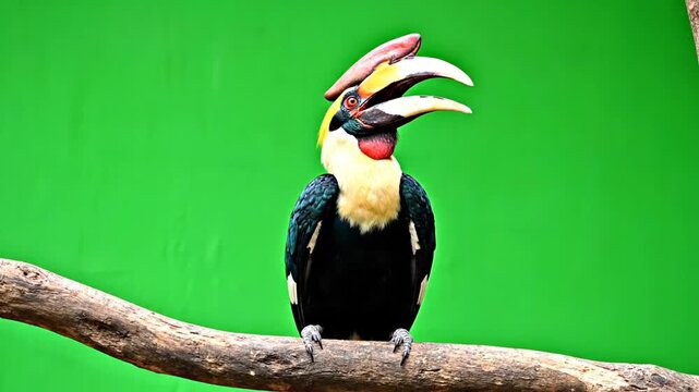 A magnificent Great Hornbill bird with its distinctive yellow and black beak and casque, perched on a tree branch against a vibrant green background.