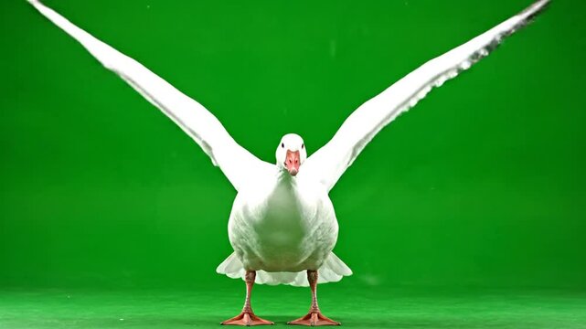 A majestic white goose with wide-spread wings stands confidently against a vibrant green screen, showcasing its impressive span and elegant posture.