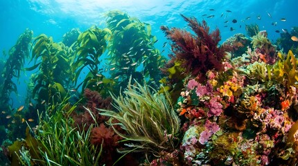 Naklejka premium Vivid Underwater Scene Featuring Colorful Ocean Plants and Marine Life