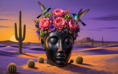 Obraz premium Desert head adorned with flowers and hummingbirds cacti scattered