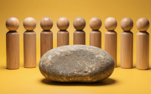Wooden figures stand behind a large stone symbolizing obstacles or