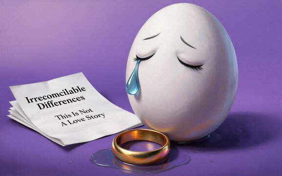 Crying egg beside wedding ring and "Irreconcilable Differences" paper.