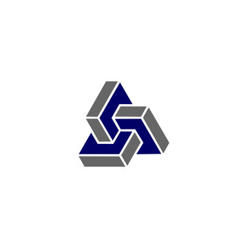 3D interlocking geometric blocks in navy blue and gray.