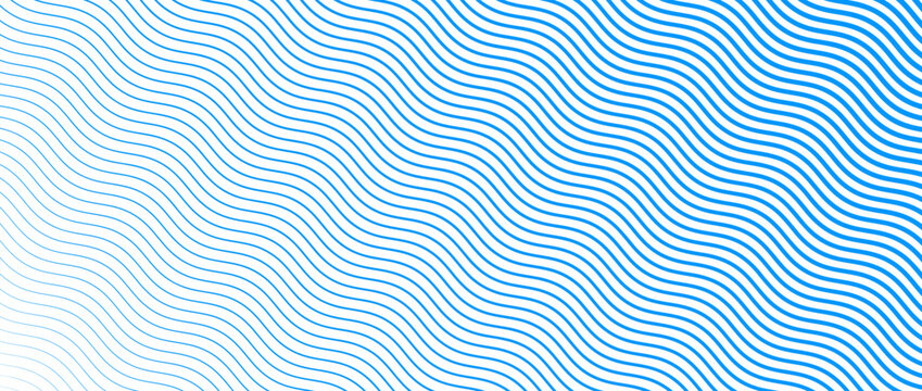Blue wave texture gradient. Fading curved linear halftone gradation. Wavy water lines pattern wallpaper. Thin to thick undulate stripes background for overlay, print, cover, graphic design. Vector