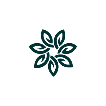 A clean, geometric vector logo consisting of eight stylized leaves arranged in a perfect circular formation. Rendered in a deep forest green, each leaf features a curved cutout that creates a sense of