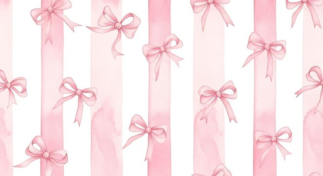 Watercolor pattern of pink bows tied on pastel pink stripes, repeating design
