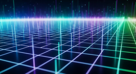Fototapeta premium Futuristic Digital Grid with Neon Lights and Reflections.