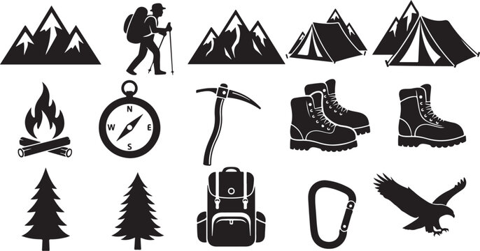 Camping and hiking icons and travel symbols set