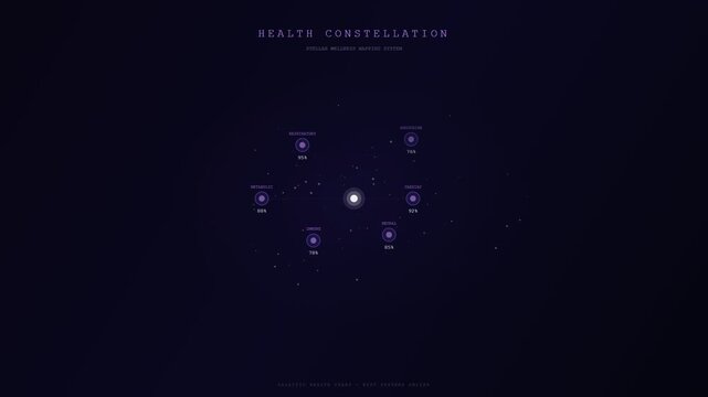 An intricate digital animation depicting human wellbeing monitoring via an expanding celestial network of interconnected health metrics radiating from a brilliant central focal point of energy