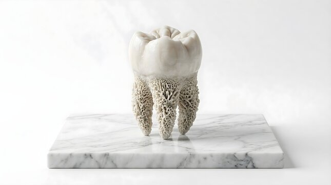 Anatomy tooth sculpture in white marble with porous roots on a white background.