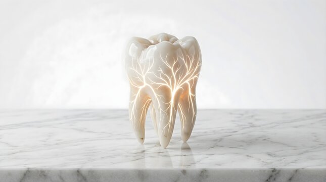 Human molar tooth with glowing nervous system patterns on marble table.