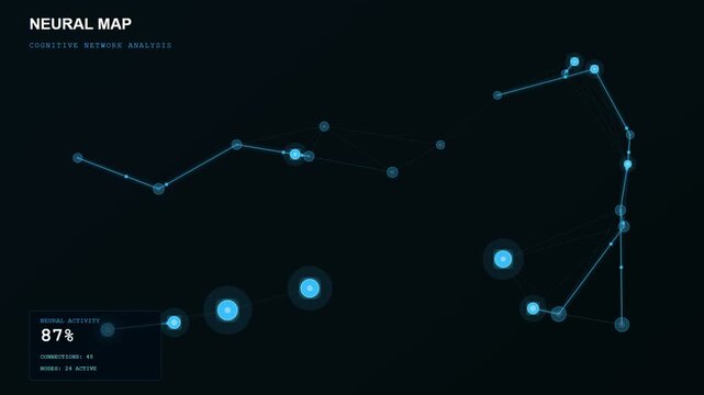 This futuristic digital visualization of Human Wellbeing Monitoring showcases intricate neural network connectivity and cognitive data processing within a deep dark void of holographic blue light