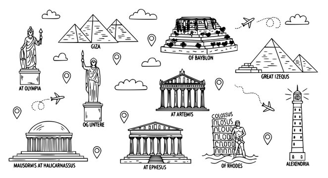 Seven wonders of the world doodle vector illustration with famous landmarks collection isolated on white background