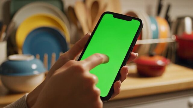 Close-up of hands holding a smartphone with a green screen in a kitchen setting.