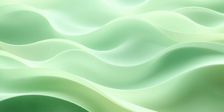 An abstract green silk background features smooth flowing waves of satin fabric with a soft liquid texture and elegant light patterns for a modern textile backdrop design