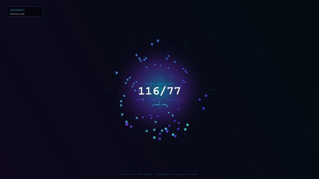 This sophisticated digital interface for human wellbeing monitoring displays real time biometric data fluctuations within a luminous purple ethereal sphere and orbiting holographic particles