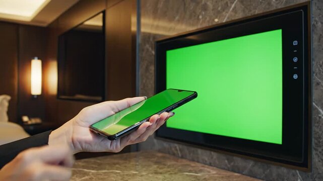 A person's hands holding a smartphone with a green screen, interacting with a wall-mounted television also displaying a green screen in a modern hotel room.