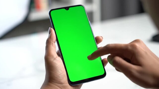 Close-up of a person holding a smartphone with a green screen and touching it.