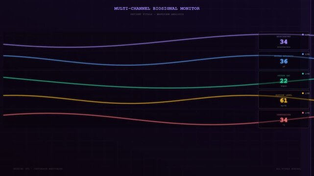 A sophisticated interface for human wellbeing monitoring displays fluctuating biometric wave data and real-time health statistics through a futuristic digital dashboard for medical diagnostic purposes
