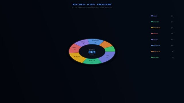 A sophisticated holographic interface for human wellbeing monitoring displays an evolving circular data visualization with vibrant colorful segments reflecting optimal health metrics