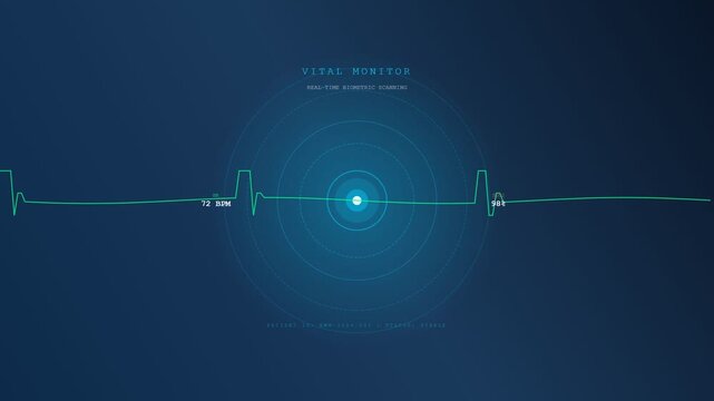 An intricate digital interface for Human Wellbeing Monitoring displays a pulsating cardiogram signal and concentric telemetry rings amidst a deep blue cinematic medical data visualization