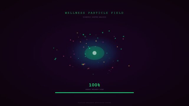An advanced digital interface for human wellbeing monitoring depicts a luminescent particle field expanding as biological metrics synchronize toward a state of absolute holistic vitality