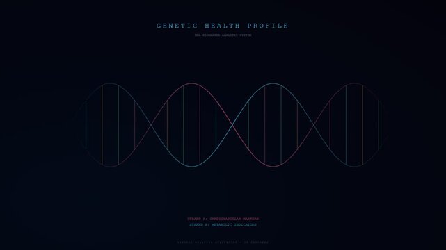 This intricate digital display of human wellbeing monitoring features an evolving genetic health profile with luminous markers traversing a stylized neon double helix on a navy futuristic interface