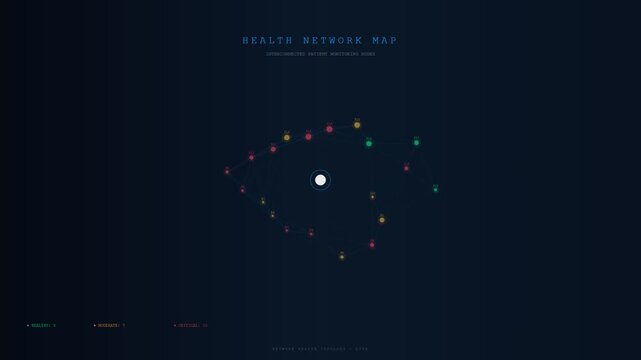 An intricate digital schematic illustrating Human Wellbeing Monitoring through a dynamic mesh of symbiotic connections and polychromatic nodes pulsating around a luminous central core