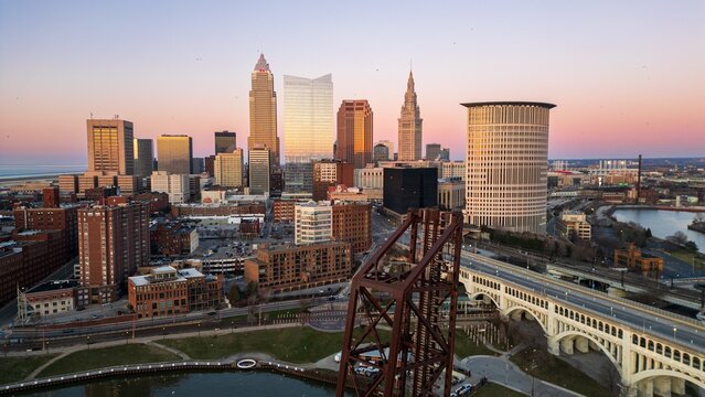 Downtown Cleveland skyline at sunset