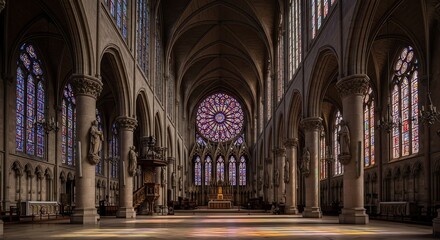 Obraz premium Gothic cathedral interior with stained glass windows