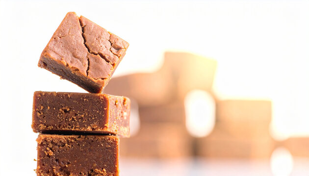 Cracking texture on fudge square balanced on a stack