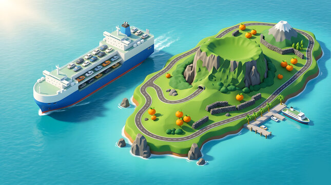 Futuristic Isometric Concept of Sea Logistics with Large Car Ferry Ship, Green Island with Volcano, and Citrus Trees for Smart Maritime Transport Innovation