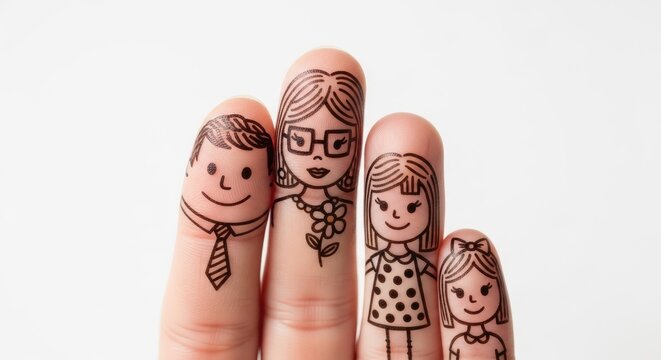 Four fingers with drawn family members including a man woman girl and baby