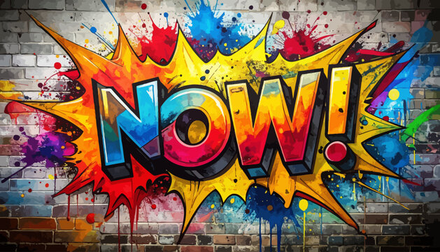 Explosive Graffiti Art with the Word NOW! on a Brick Wall