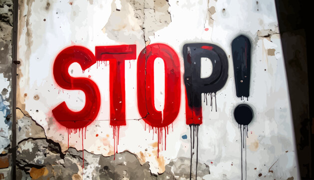 Urgent red and black graffiti text 'STOP!' boldly spray-painted on a weathered, crumbling wall surface