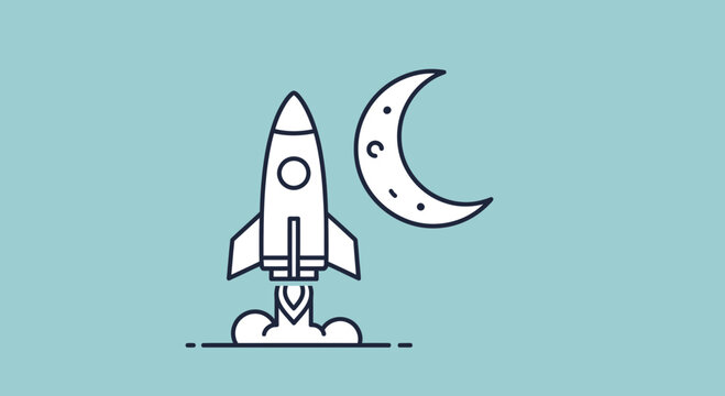 Rocket Launching Towards Crescent Moon, Space Exploration Vector Illustration
