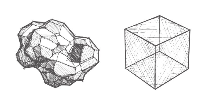 Hand drawn geometric shapes cube and irregular polyhedron
