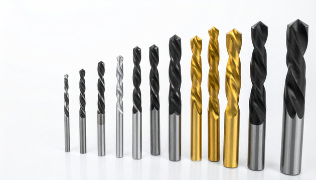 Graduated set of metal drill bits in silver and gold finishes on a white backdrop