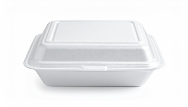 Isolated white disposable food packaging container with hinged lid on white