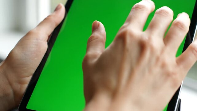 Close-up of hands interacting with a green screen tablet, performing a multi-touch gesture.