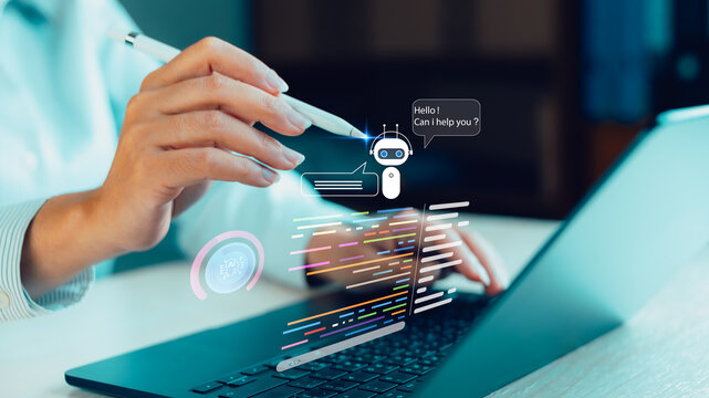 AI chatbot conversation and customer service automation concept with virtual assistant interface, showing real-time communication and digital support system.