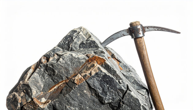 Mining pickaxe resting against a dark grey rocky mountain fragment
